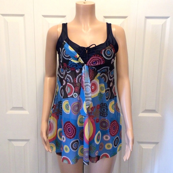 Womens Fashion Mesh Circle Print Tie Front Tankini Swimsuit Top Size Large - Picture 1 of 7